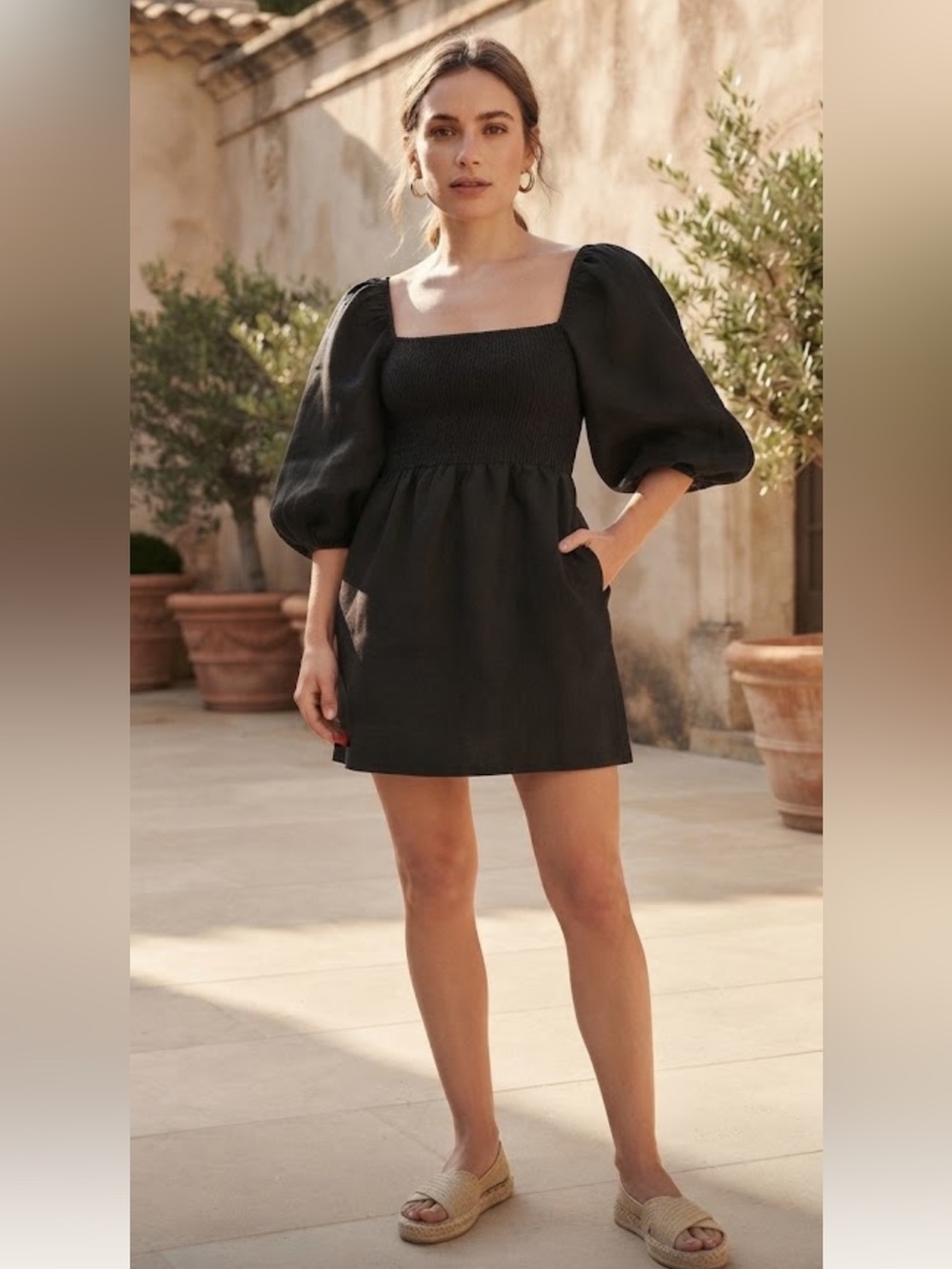 Tuckernuck Black Smocked Square Neck Puff Sleeve Mini Dress Size S
